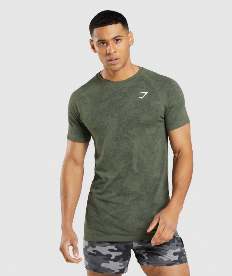 Men\'s Gymshark Geo Seamless T-Shirts Olive | CA D0N635